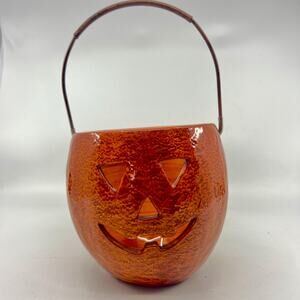 Vintage Orange Halloween Ceramic Pumpkin Basket Candle Holder with Handle 6"